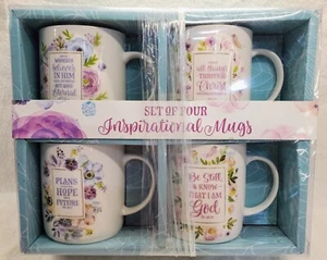 Neu im Karton Christliche Kunst Schrift Kaffee Tee Becher Set 4 Botanische Blumen Inspiration - Bild 1 von 8