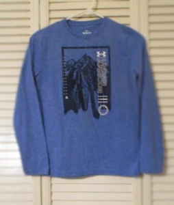 Under ARMOUR Boys Blue T Shirts Long Sleeves Mountains Size YM, Youth Junior - Picture 1 of 4