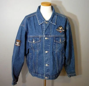 Harley Davidson blue jean jacket Warner Ride Like the Devil TAZ Embroidered SZ L - Picture 1 of 6