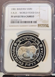 1981 BHUTAN SILVER 50 NGULTRUM FAO WORLD FOOD DAY NGC PF 69 ULTRA CAMEO TOP POP - Picture 1 of 3