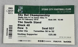 EFB 2019 02/23 Stoke City v Aston Villa Football (Soccer) Ticket - Picture 1 of 2