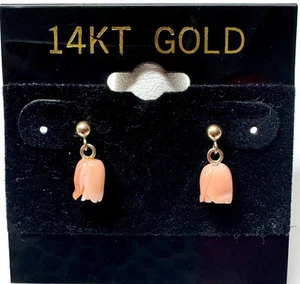 14k Yellow Gold Carved Angel Skin Coral Rose Flower Dangle Earrings - Picture 1 of 3