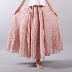 Women's Cotton Linen Solid Midi Skirt Loose Fit Swing Skirt A Line Pleated Skirt - Picture 1 of 31