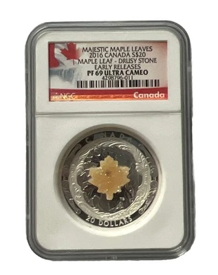 2016 Canada $20 Majestic Maple Leaves with Drusy Stone 1oz Silver NGC PF 69 UCAM - Image 1 of 4