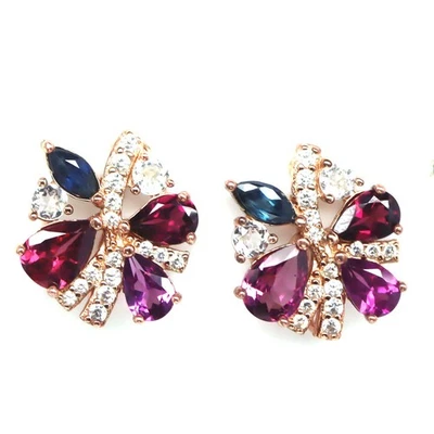 Plata 925 5 x 7 mm. Pendientes de granate, zafiro y circón rodolita roja púrpura Foto 1 de 4