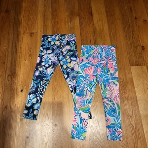 2 pairs of Lilly Pulitzer Girls Leggings Peru Size 6-7 Medium blue pink green - Picture 1 of 13