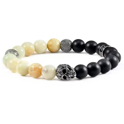 Pulsera elástica calavera para hombre con cuentas de piedra de ónix mate y amazonita Foto 1 de 4