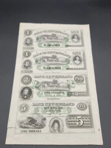 1800’s Bank of New England Bank Note Uncut Full Sheet State Of Connecticut $1 $5 - Picture 1 of 8