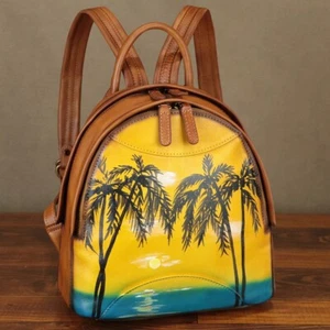Mochila de cuero genuino para mujer pintada a mano mochila mochila informal mochila de día - Imagen 1 de 9