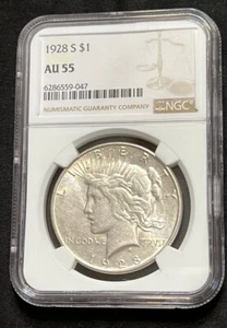 TOUGH~1928 S PEACE S$~CERTIFIED~NCG AU55~ONLY 1.6mMINTED~90% SILVER COLLECTABLE - Picture 1 of 8