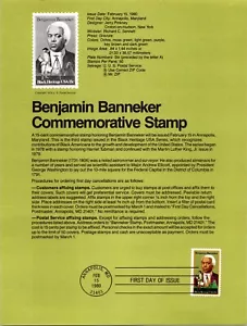 USPS FDC First Day Cover Souvenir Sheet Benjamin Banneker Scott #1804 - Picture 1 of 3