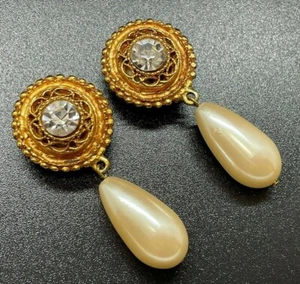 Vintage MAXINE DEMKER Gold Tone Cabochon Rhinestone Drop Faux Pearl Earrings - Picture 1 of 7