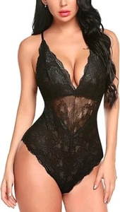 Avidlove Womens Sz S Black SnapCrotch Sexy Lace Bodysuit Deep V Teddy Lingerie M - Picture 1 of 7