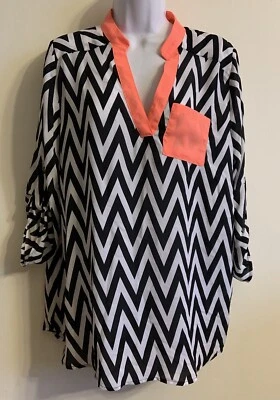 (NUEVO CON ETIQUETAS) Top Rue 21 Damas Talla Grande Blanco y Negro Rayas con Borde Naranja Brillante Foto 1 de 4