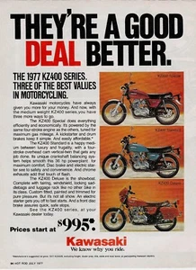 1977 anuncio impreso de motocicletas Kawasaki serie KZ400 especial estándar y de lujo - Imagen 1 de 2
