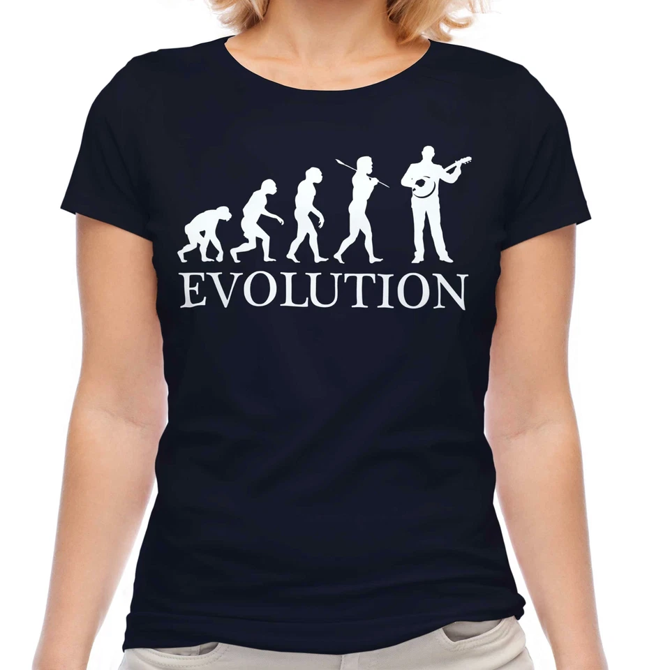BANJO PLAYER EVOLUTION LADIES T-SHIRT TEE TOP GIFT STRING TUNER - Image 1 of 1