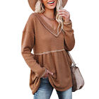 Women Soft Pullover Sweater V Neck Babydoll Dress Long Sleeve Waffle Tunic Top
