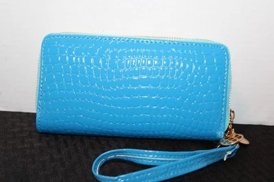Aqua Faux Reptile Skin Double Zipper Compartment Clutch Wallet w/Wristlet Strap - Image 1 of 4