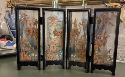 1960's Oriental Carved Cork Art Mini 4 Panel Wood Folding Screen Scenery Cranes - Image 1 of 4