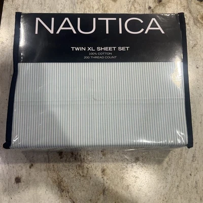 Nautica - Twin XL Bed Sheets, Cotton Percale Bedding Set Stripe Blue New - Image 1 of 4