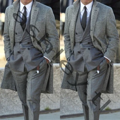 Grat Herringbone Men's Overcoat Formal Business Casual Long Jacket Coat Tuxedos - Image 1 of 4