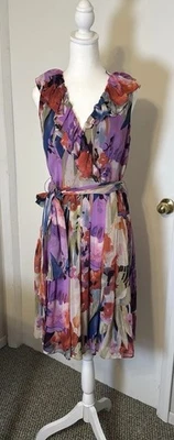 Adrianna Papell Women's Silk Sleeveless Dress Floral Purple Size 8 Ruffles - Image 1 of 4