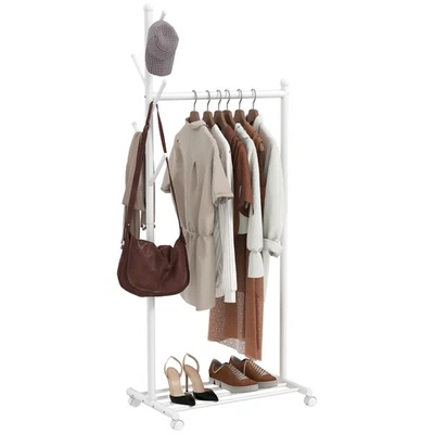 HOMCOM Appendiabiti da Terra con Ruote, 5 Ganci e Ripiano Porta Scarpe Bianco - Immagine 1 di 4