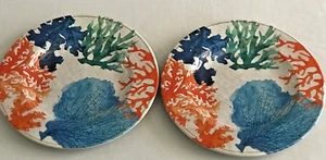 Set of 4 Orange & Blue Crackle CORAL Coastal Melamine 8.5" Salad Luncheon PLATES - Picture 1 of 4