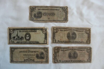 WWII Japanese Government Paper Currency 1/5/10 Peso Lot of 5 - Image 1 of 4