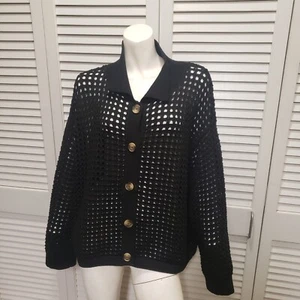 H&M Textured-Knit Mesh Black Cardigan Size XL Recycled Material New With Tags - Picture 1 of 6