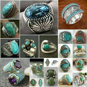 925 Silver Handmade Turquoise Ring Women Men Vintage Rings Jewelry Gift Size6-12