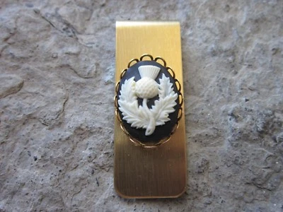 SCOTTISH THISTLE CAMEO GOLD PLATED BRASS MONEY CLIP - FATHER'S DAY - CELTIC - Image 1 of 2