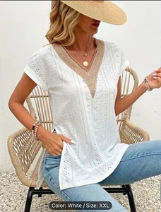 Camiseta para mujer de encaje dividido, elegante cuello en V ojales enrollados manga corta talla XXL - Imagen 1 de 6