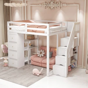 90x200cm, 140x200cm Hochbett Kinderbett Jugendbett mit Stauraumtreppe, Regalen - Bild 1 von 14