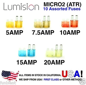 Automotive Micro2 ATR Fuses Assorted 10 pcs Lumision 5A 7.5A 10A 15A 20A Pack - Picture 1 of 10