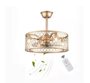 OUKANING 20 in. Gold Indoor Metal Caged Semi Flush Mount Ceiling Fan with Light - Picture 1 of 12