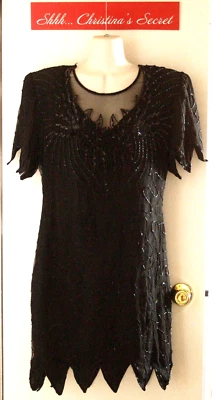 Nuevo con etiquetas Vestido Laurence Kazar Vintage Años 80 Seda Negro Cuentas Lentejuelas Adornado XL Foto 1 de 4