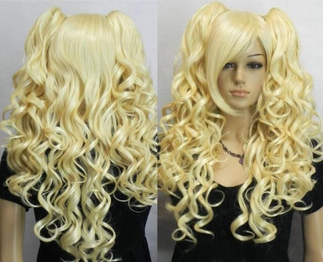 Cabelo sintético cosplay laranja loiro rabo de cavalo duplo longo