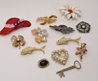 Lot of 13 Vintage Pins Brooches Clover Fish Rose Skeleton Key Cancer Ribbon 