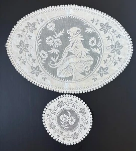 Vintage Oval Doily Glossy Silky Fabric Pixie Mushroom Image Floral LOT X 2 - Picture 1 of 5