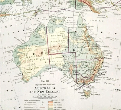 Mapa 1916 Austrália Nova Zelândia Oceania Fronteiras Políticas Físicas DWSS9 - Imagem 1 de 2