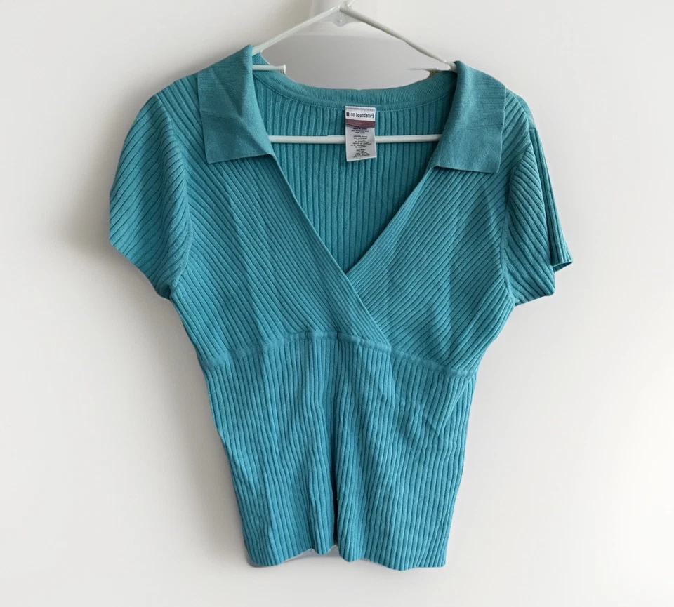 复古 90 年代 Y2K 2000 年代 V 领青蓝色罗纹短袖毛衣 XL 码棉 — 第 1/3 张图片