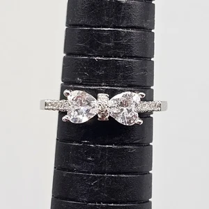 CZ Bow Heart Ring Sz 7.5 Sterling Silver 925 Dainty Romantic Cubic Zirconia - Picture 1 of 12