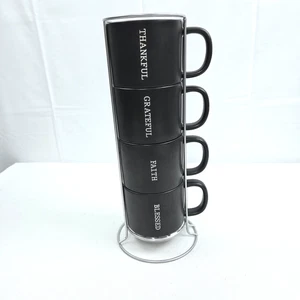 Robert Stanley Black Stoneware 4 12oz Hot/Cold Stacked Wire Rack Mugs NWOB - Picture 1 of 13
