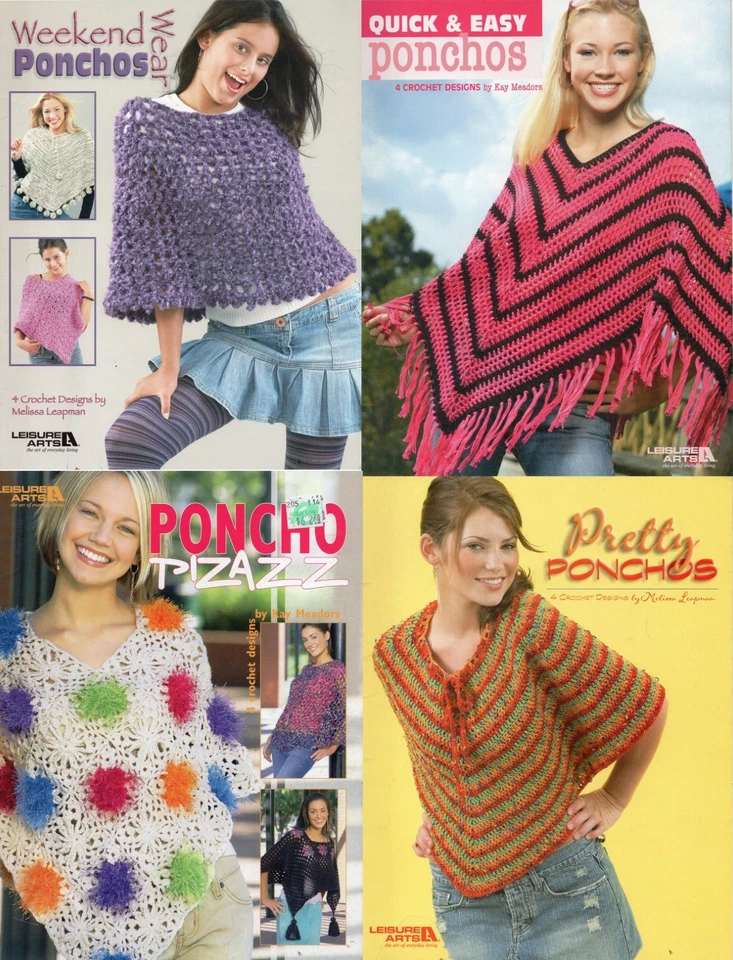 Лот из 4 книг по вязанию крючком - пончо - 12 узоров - от Leisure Arts - быстро и легко - Изображение 1 из 4