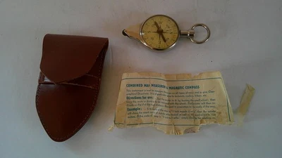 Medidor de mapas de bolsillo vintage y brújula magnética con bolsa de cuero e instrucciones Foto 1 de 4