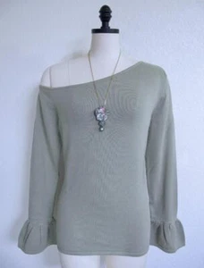 New THE DROP Asymmetric Sweater Top XL Green Tea Ruffle Sleeve Bare Shoulder - Picture 1 of 14