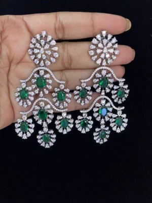 45.82 TCW Simulated Oval Emerald & Pear Sapphire Cluster Royal Wedding Earrings - Image 1 of 4