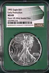 1992 SILVER EAGLE NGC MS69 EARLY PRODUCTION FROM US MINT SEALED BOX GREEN CORE - Picture 1 of 2