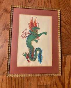 green azure dragon vintage Asian art print gilded frame Chinese Japanese lucky - Picture 1 of 1
